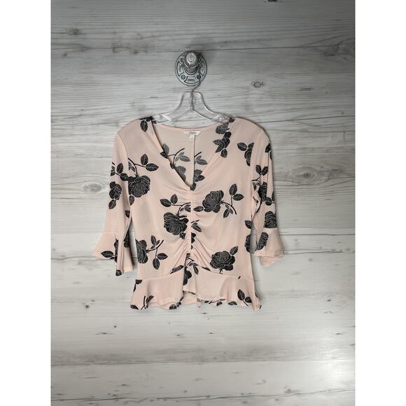 Candie's Shirt Womens Small Pink Black Rose Print Ruched V Neck 3/4 Bell Sleeve - Picture 1 of 9